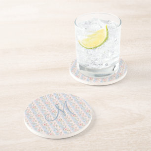 Monogram Initial Pink Blue Striped Floral Roses Coaster