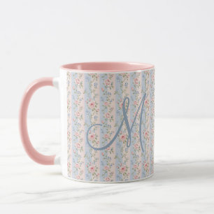 Monogram Initial Pink Blue Striped Floral Roses Mug