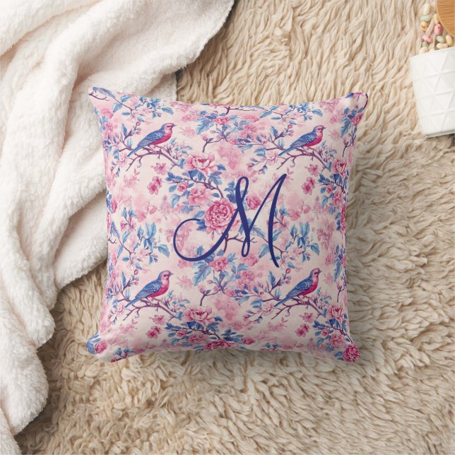 Monogram Initial Pink Blue Toile Floral Birds Cushion (Blanket)