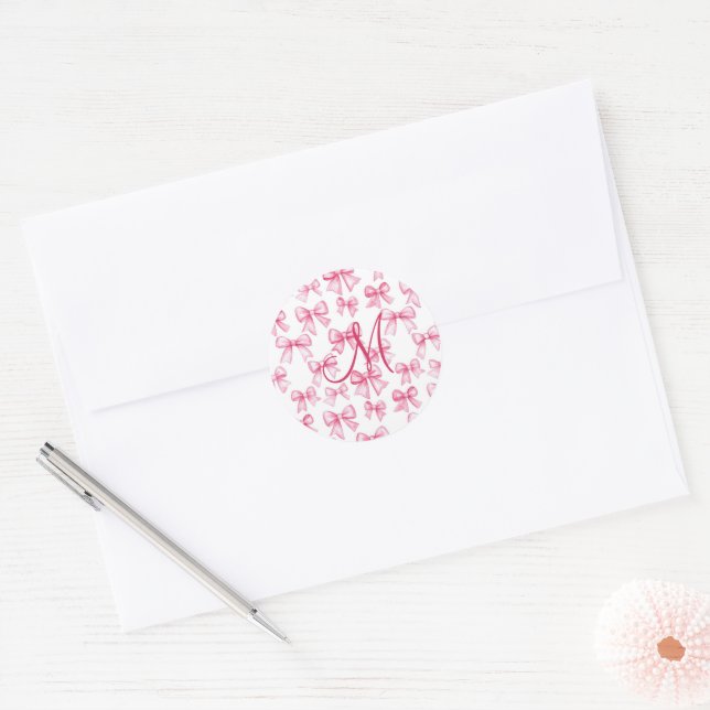 Monogram Initial Pink Bow Coquette Aesthetic Gift  Classic Round Sticker (Envelope)