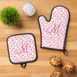 Monogram Initial Pink Bow Coquette Aesthetic Gift  Oven Mitt & Pot Holder Set