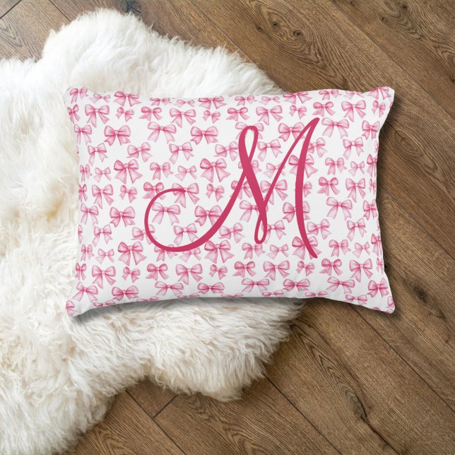 Monogram Initial Pink Bow Coquette Aesthetic Girls Decorative Cushion (Pink bow Monogrammed Initial preppy girls coquette aesthetic accent pillow. Girls bedroom Nursery)