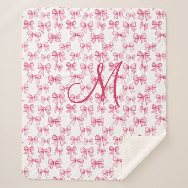 Monogram Initial Pink Bow Coquette Aesthetic Girls Sherpa Blanket (Front)