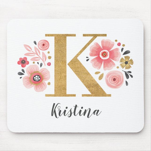 Monogram Initial Pink Floral Mouse Pad (Front)