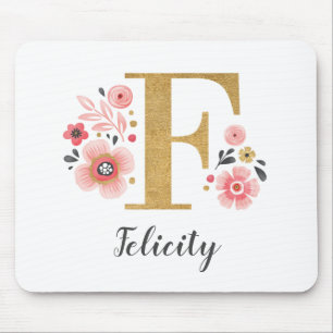 Monogram Initial Pink Gold Floral Mouse Pad