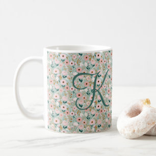 Monogram Initial Pink Green Watercolor Florals Coffee Mug