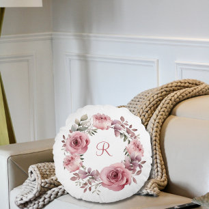 Monogram Initial Pink Roses Greenery Watercolor Round Cushion