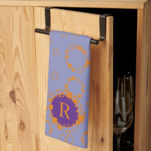Monogram Initial Purple Orange Squares Circles Art Tea Towel