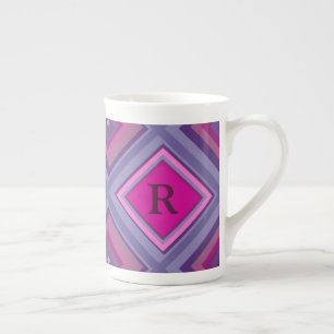 Monogram Initial Purple Pink Diamond Pattern Layer Bone China Mug