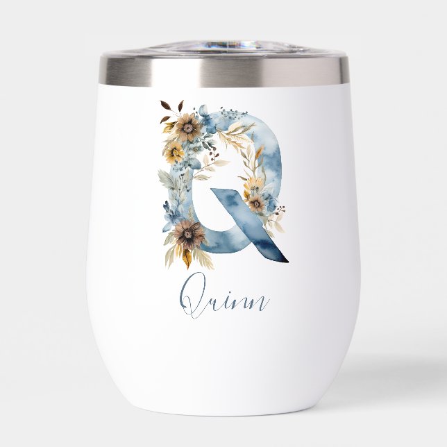 Monogram Initial Q Blue Floral Watercolor Gift Her (Front)