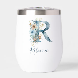 Monogram Initial R Blue Floral Watercolor Gift Her