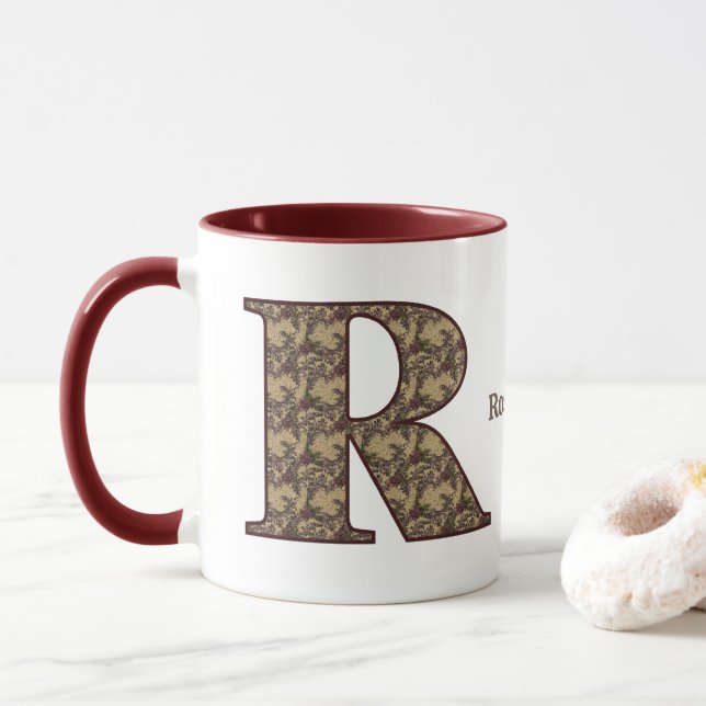Monogram Initial R Vintage Floral Personalised Mug (With Donut)