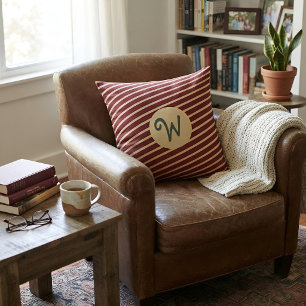 Monogram Initial Red Cream Stripes Preppy Script Cushion