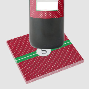Monogram Initial, Red Green, White Polka Dots Glass Coaster