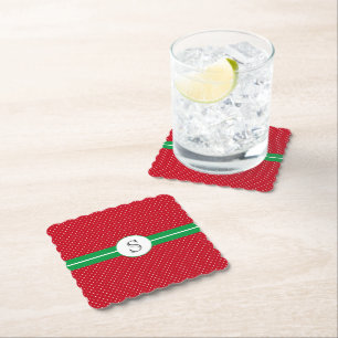 Monogram Initial, Red Green, White Polka Dots Paper Coaster