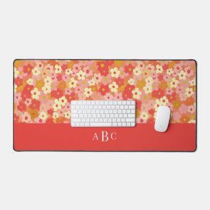 Monogram Initial Retro Floral Pink Red Warm  Desk Mat