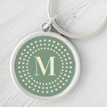 Monogram initial retro radial dots sage green key ring<br><div class="desc">Keyring featuring your monogram initial inside a retro radial dot border on a sage green background.</div>