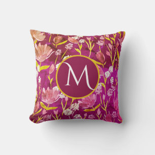 Monogram Initial Romantic Burgundy Floral Cushion