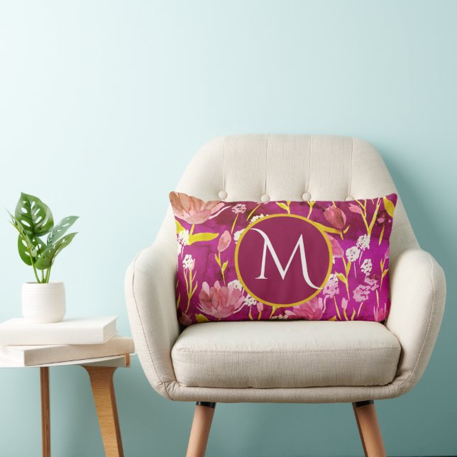 Monogram Initial Romantic Burgundy Floral  Lumbar Cushion (Chair)
