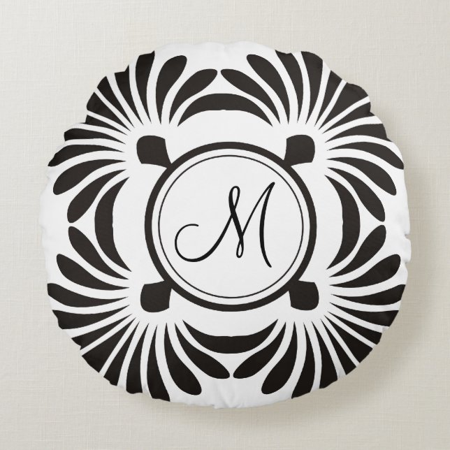 Monogram Initial Round Pillow-Black Floral Round Cushion (Front)