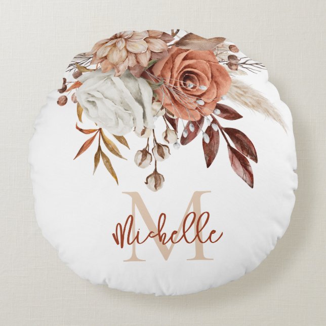 Monogram Initial Rustic Terracotta Florals Round Cushion (Front)