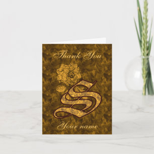 Monogram Initial S Gold Satin Peony Personalised Thank You Card