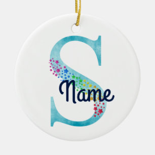 Monogram Initial S Rainbow Star design Ceramic Tree Decoration