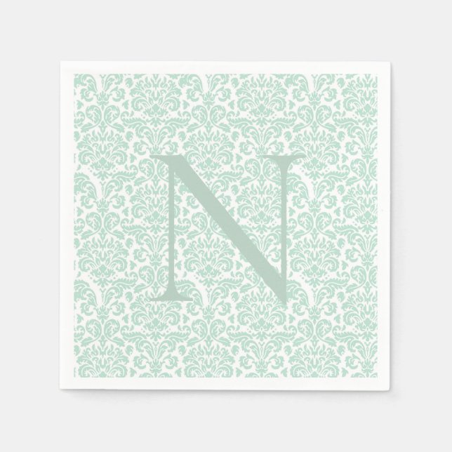 Monogram Initial Sage Green Damask Napkin (Front)