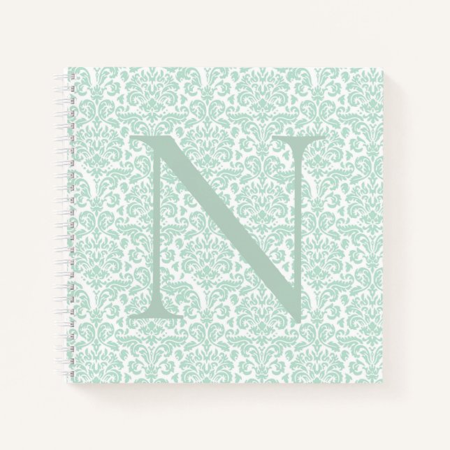 Monogram Initial Sage Green Damask Notebook (Front)