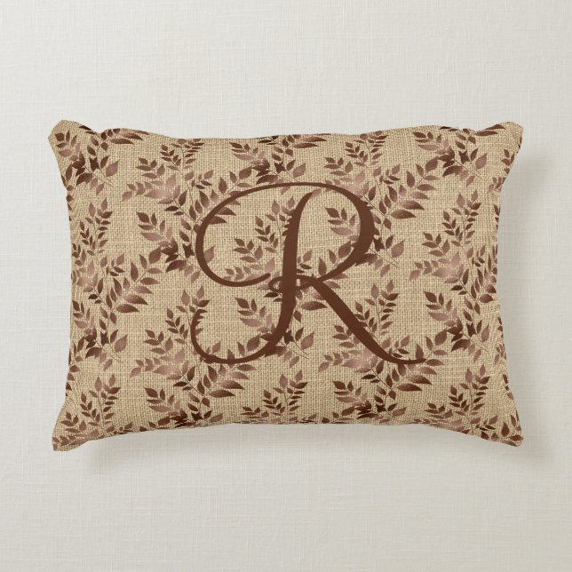 Monogram Initial Script Brown Rose Gold Leaves Decorative Cushion (Front)