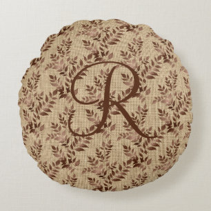 Monogram Initial Script Brown Rose Gold Leaves Round Cushion