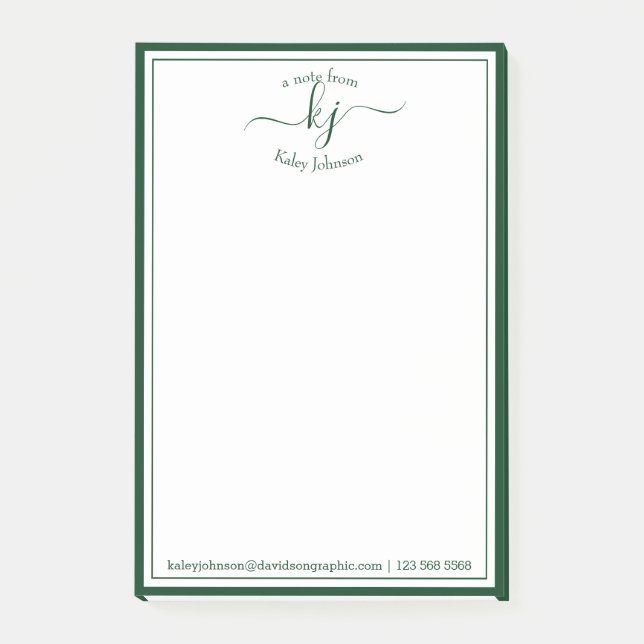 Monogram Initial Script Green From The Desk Of  Post-it Notes (Front)