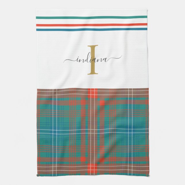 Monogram Initial Script Plaid Rustic Holiday Tea Towel (Vertical)