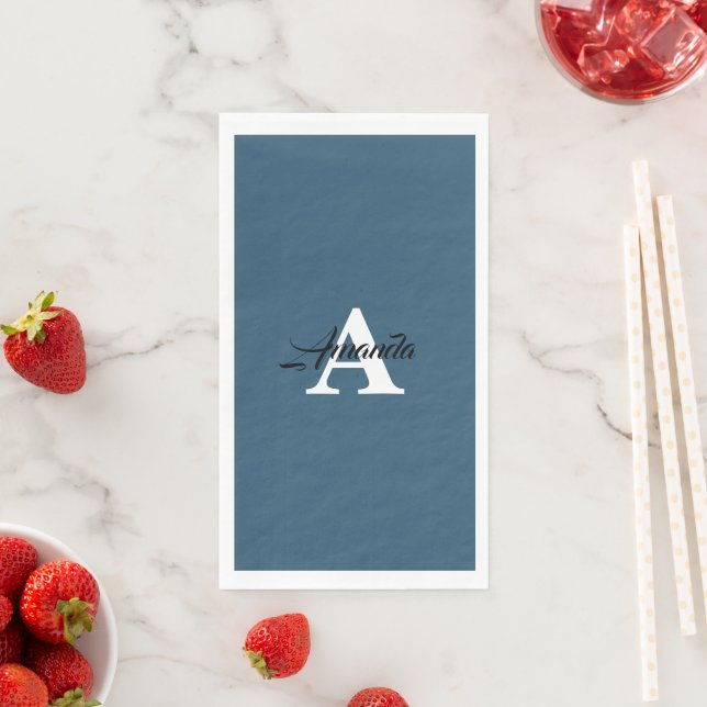 Monogram Initial Simple Name Dusty Blue White Cute Napkin (Insitu)