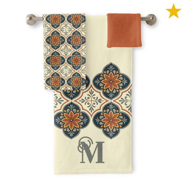 Monogram Initial Spanish Tiles Flower Pattern  Bath Towel Set (Creator Uploaded)