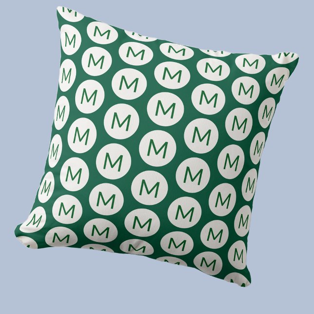 Monogram Initial Spot Pattern Personalised Green Cushion (Polka dot spot pattern modern monogram initial personalized throw pillow in Forest Green and white)