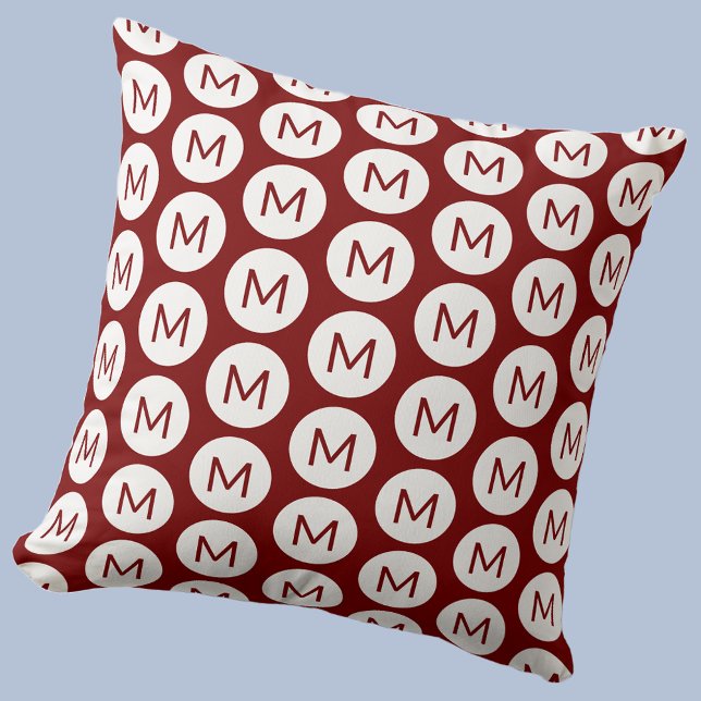 Monogram Initial Spot Pattern Personalised Red Cushion (Polka dot spot pattern modern monogram initial personalized pillow In dark red burgundy)