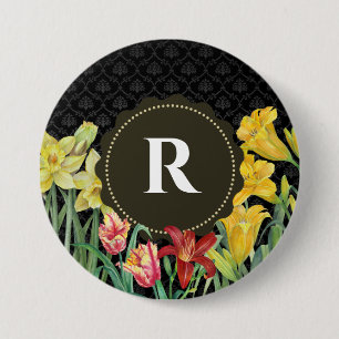 Monogram Initial Spring Flowers Damask Background 7.5 Cm Round Badge