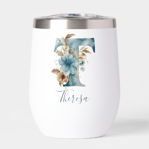 Monogram Initial T Blue Floral Watercolor Gift Her