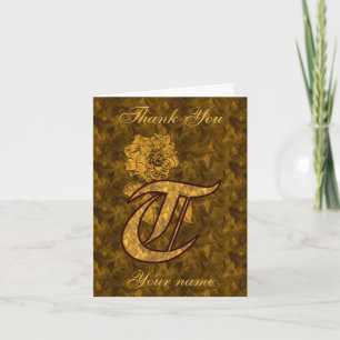 Monogram Initial T Gold Satin Peony Personalized Thank You Card