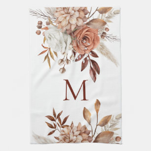 Monogram Initial Terracotta Florals Pampas Tea Towel