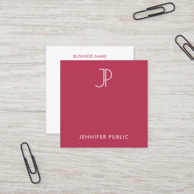 Monogram Initial Trend Colour Viva Magenta Modern Square Business Card (Front/Back In Situ)