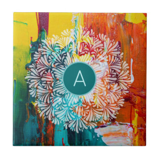 Monogram Initial Vibrant Abstract Painting Mandala Tile