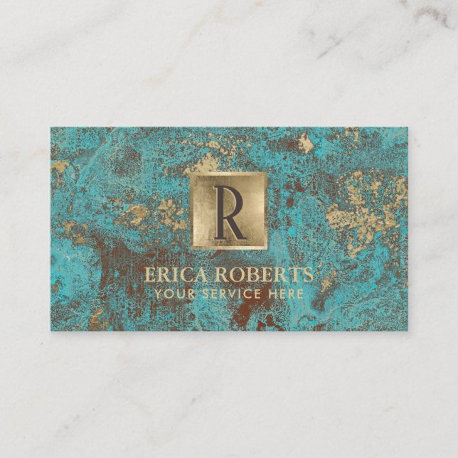 Monogram Initial Vintage Gold Turquoise & Teal Business Card (Front)