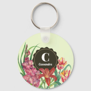 Monogram Initial Warm Colour Floral Spring Blooms Key Ring