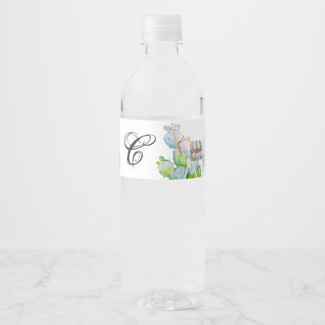 Monogram Initial Water Bottle Label Boho Llama Boh (Front)