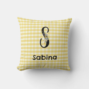 Monogram initial watercolor flower gingham pattern cushion