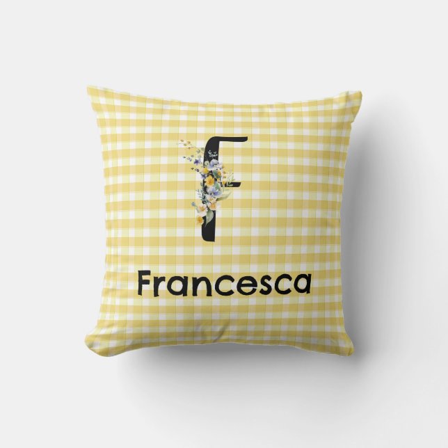 Monogram initial watercolor flower gingham pattern cushion (Front)