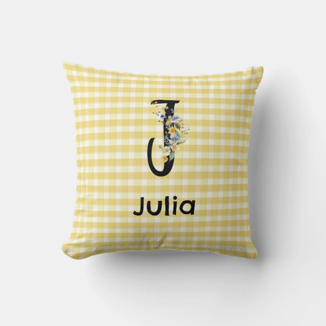 Monogram initial watercolor flower gingham pattern cushion (Front)