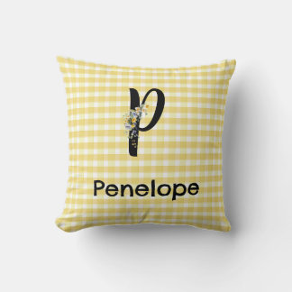 Monogram initial watercolor flower gingham pattern cushion